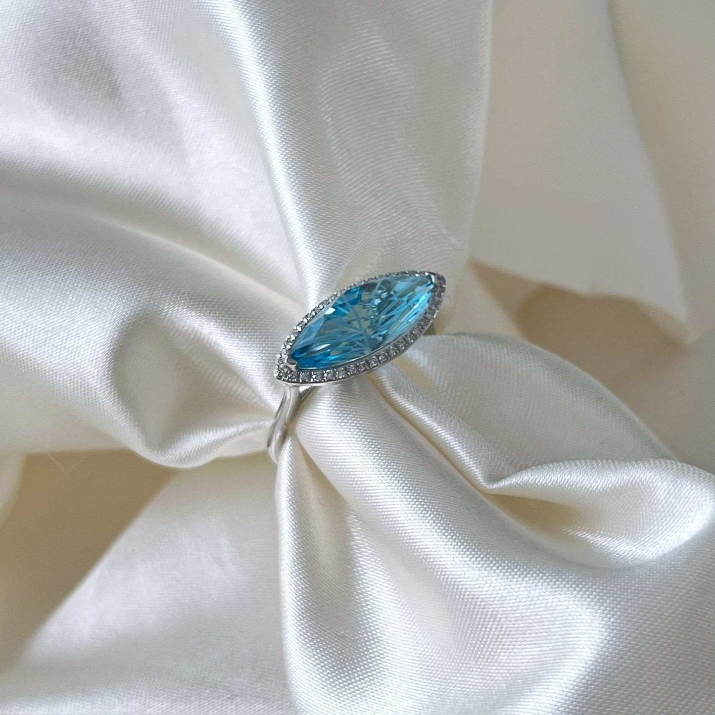 East West Marquise Fancy Blue Topaz and Diamond Halo Ring