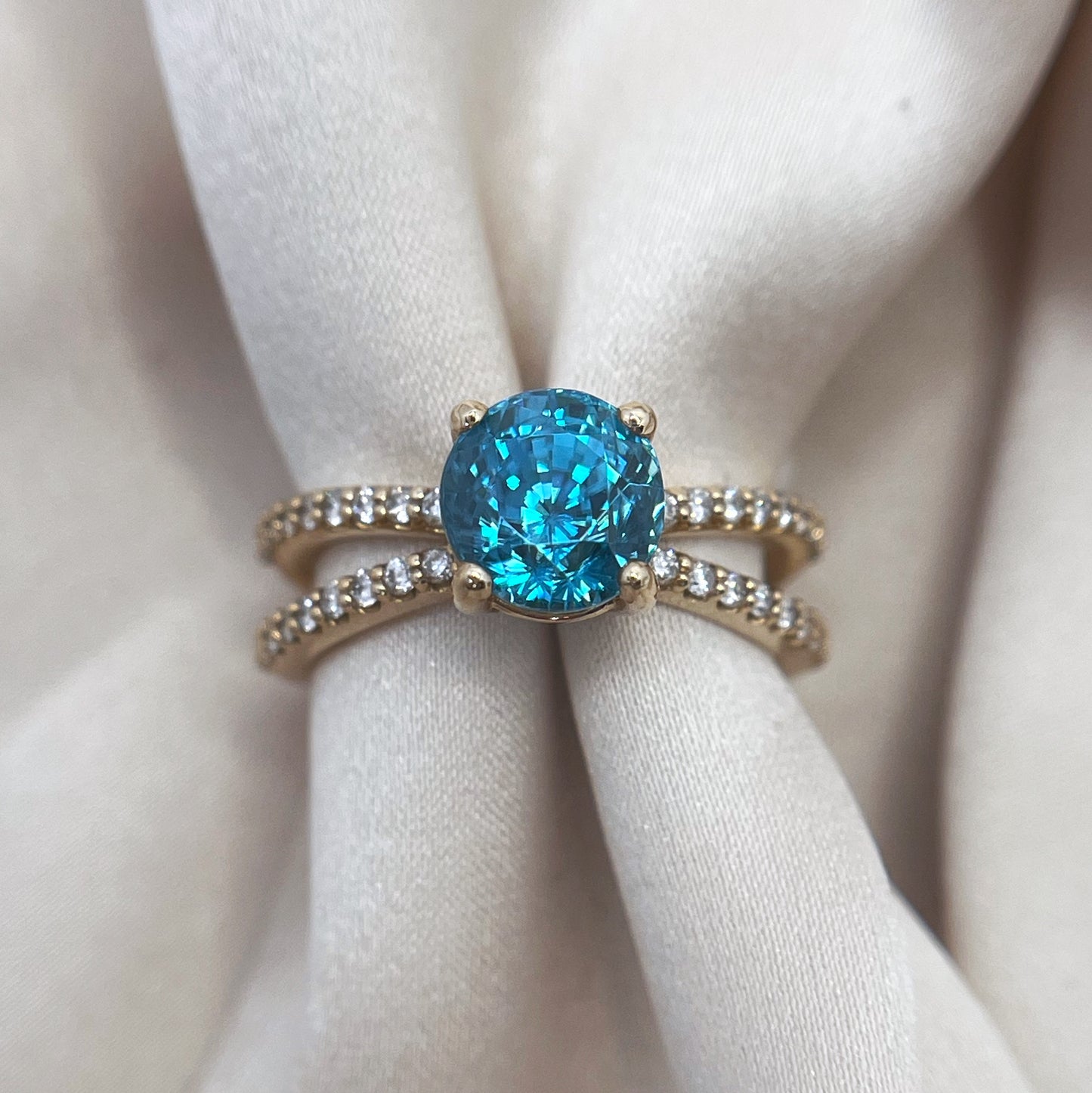 Blue Zircon and Diamond Ring