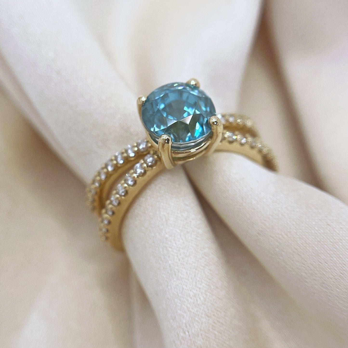 Blue Zircon and Diamond Ring