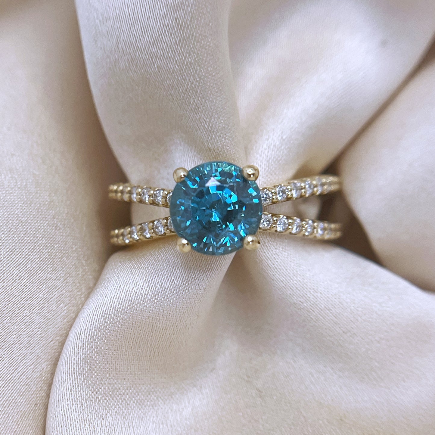 Blue Zircon and Diamond Ring