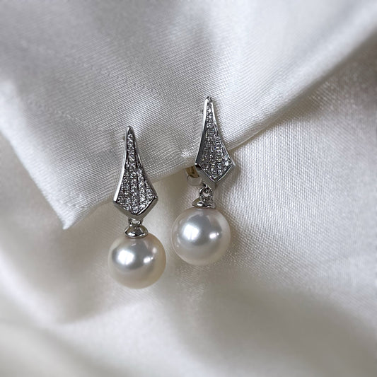 Kite Pave Diamond and Pearl Dangle Earrings