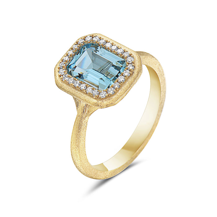 Emerald Cut Sky Blue Topaz and Diamond Halo Ring