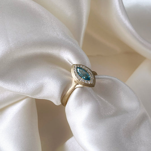 Marquise London Blue Topaz and Diamond Halo Ring