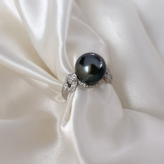Link Shank Tahitian Pearl and Diamond Ring