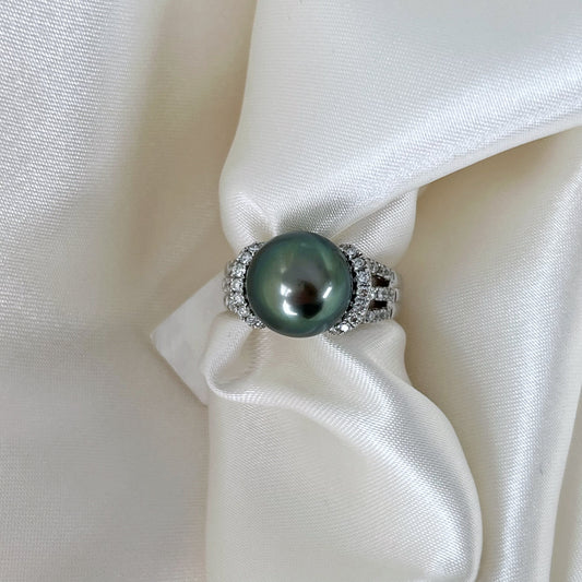 Triple Row Tahitian Pearl and Diamond Ring