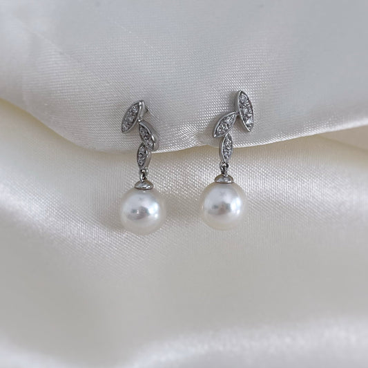 Leaf Diamond and Pearl Dangle Earrings